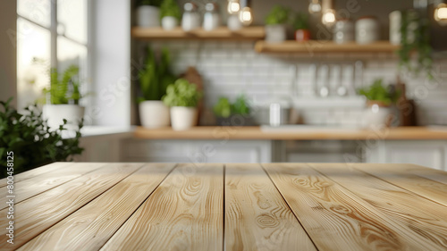 close-up photo of the surface of a rough wooden light table against the background of a sunny kitchen in a country house. ground view mocap for natural food on the table