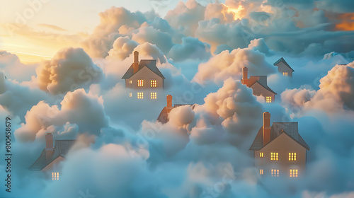 Dreamy surreal scene of detached, cozy-looking houses gently floating among clouds in the sky