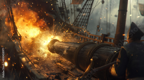An impactful image of a cannon firing on an old-style naval ship, capturing a moment of sea warfare