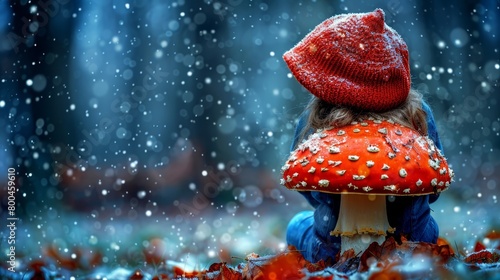  A young girl in a red hat sits atop a scarlet mushroom amidst a forest, covered in fresh snow