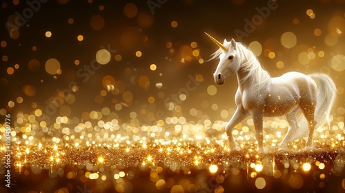  A white unicorn stands atop a lush, golden field, its coat gleaming with sparks in the image background