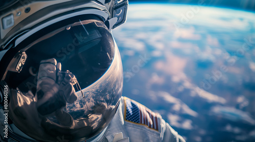 A surreal and captivating image of an astronaut in space taking a selfie with Earth reflected in the visor