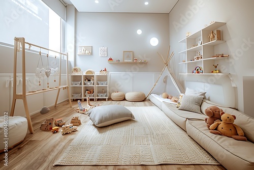 A minimalist children's playroom with neutral colors, modular furniture, and a few carefully selected toys, encouraging imaginative play in a clutter-free environment.