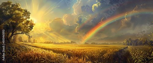 A sun-drenched field of golden wheat, bordered by lush trees and crowned by a magnificent rnbow spanning the entire breadth of the sky.