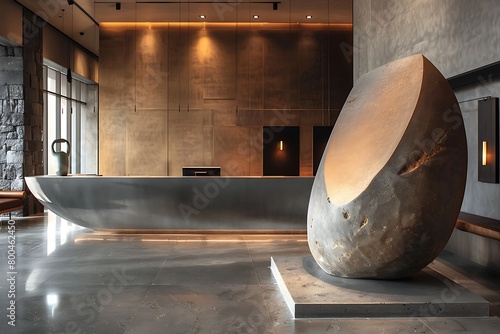 A minimalist hotel lobby with polished concrete floors, a sleek reception desk, and a large, abstract sculpture, creating a sense of refined elegance.