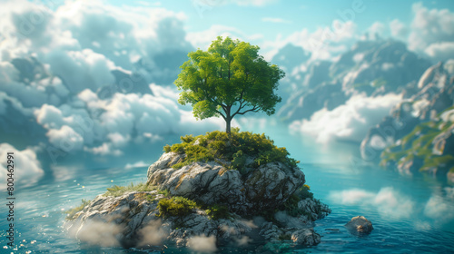 Earth emerges, adorned with lush trees, rugged rocks, and serene blue waters, all nestled within a protective embrace of billowing clouds. This composition embodies the essence of sustainable nature