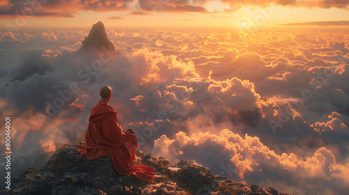 A Zen monk sits in serene meditation on a mountain above the clouds --ar 16:9 --stylize 1000 Job ID: 6c1c6aee-6ede-4ade-8515-763c5ffba3d4