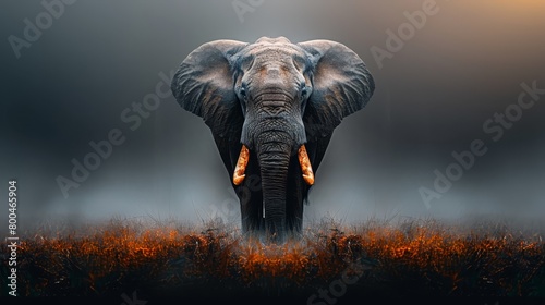  An elephant, its tusks curved, stands before a field of tall grass Beyond, a foggy sky engulfs the setting sun