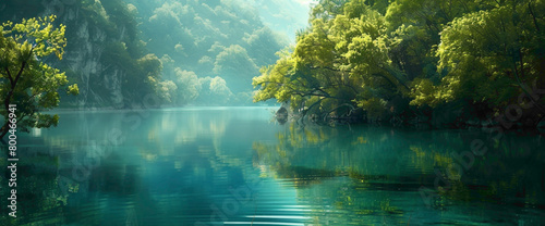 A tranquil teal-colored bay surrounded by lush greenery, its calm waters reflecting the serenity of the landscape.