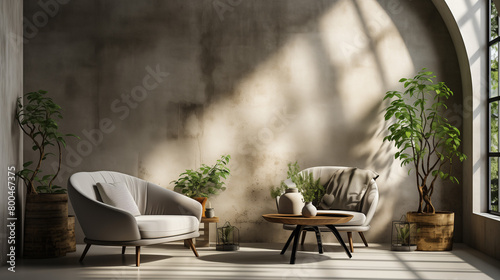 Un grand mur de béton dans un intérieur de style industriel avec une fenêtre ronde, un fauteuil en tissu gris et une table basse en forme de boule, une plante en pot sur le côté droit de la pièce, la 