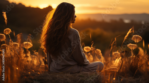 Une femme méditant dans la nature au coucher du soleil, la silhouette de la jeune fille assise sur ses genoux et regardant au loin