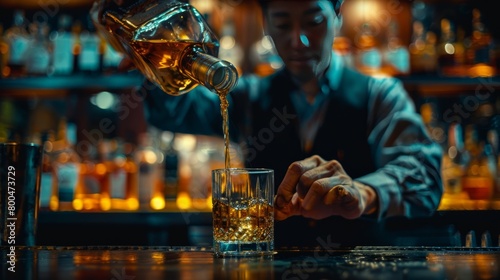  bartender pouring a dram of whiskey from a beautifully aged bottle, highlighting the amber liquid as it cascades into a glass, evoking the warmth and richness of the spirit. 