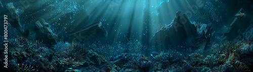 Panoramic underwater landscape of a deep-sea environment with bioluminescent creatures and dramatic rock formations