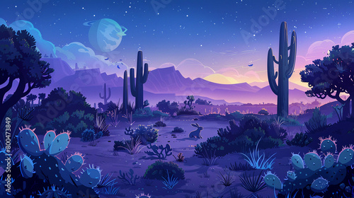 Panoramic view of a desert at dawn, with cacti covered in dew and rabbits frolicking amidst the sparse vegetation