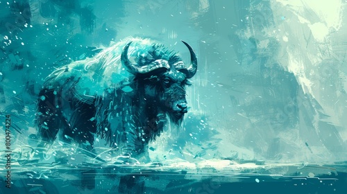  A bison painting in a water body, snow-covered ground, and rocky background