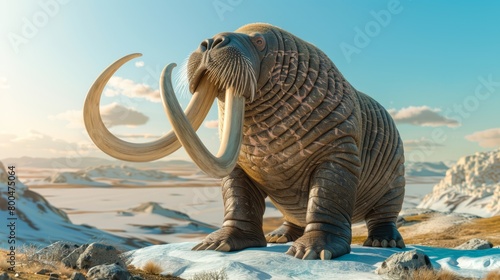  A tall Walrus stands atop a snow-covered ground, adjacent to a mound of rocks and a looming mountain