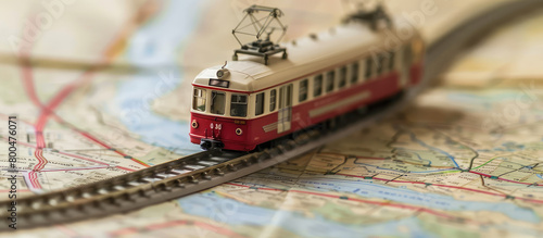 Close-up of a toy model train traveling on a paper map. Creative concept of land travel by railroad.