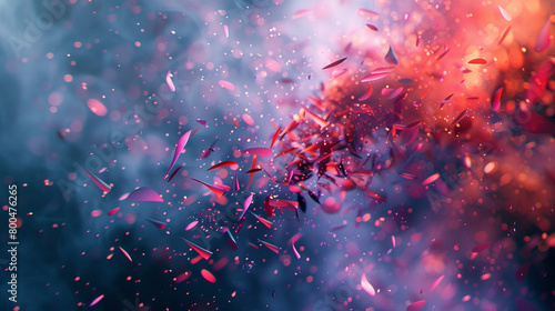 A dynamic burst of vivid digital particles, swirling and colliding in an orchestrated chaos against a clean backdrop.