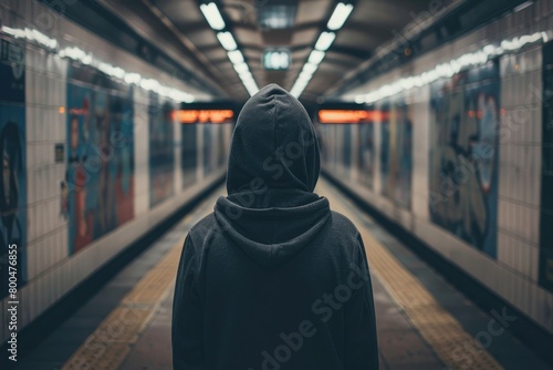 A man wearing a hoodie standing in a subway