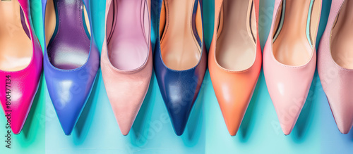 Lots of colorful women's shoes with heels. Background for shoe store with copy space. Wide assortment of women's shoes.