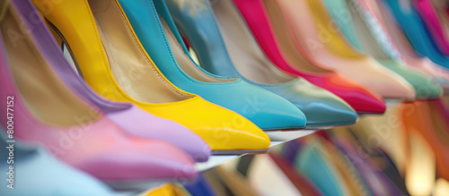 Lots of colorful women's shoes with heels. Background for shoe store with copy space. Wide assortment of women's shoes.
