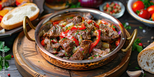 Turkish dish called Ciger Kavurma in a traditional copper pan, Sauteed lamb liver cooked with onions, peppers, and spices, Served sizzling hot with bread and pickled vegetables