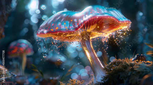 red and blue glowing glimmering enchanted magical mushroom generative art