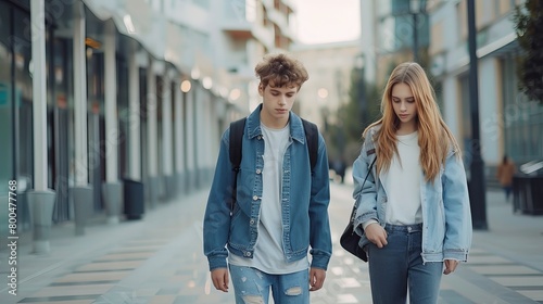 A teenage couple ends their relationship after an argument, with the boyfriend walking away, leaving his saddened girlfriend behind.