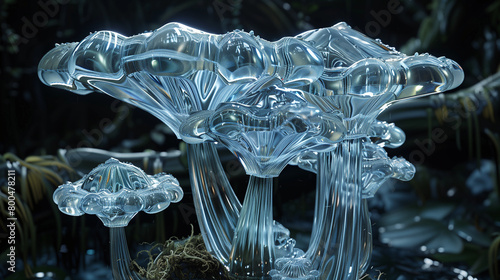 crystal clear blue glowing glimmering enchanted magical mushroom generative art