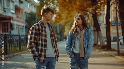 A teenage couple ends their relationship after an argument, with the boyfriend walking away, leaving his saddened girlfriend behind.