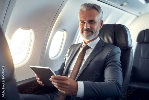 Handsome Mature Businessman seated by window Using Tablet in plane during business trip