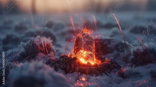  A tight shot of a fire burning in the heart of a wintry field Snow blankets the ground, and grass peeks through in the foreground