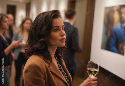 An elegant woman contemplates the artwork at a gallery, her refined taste in art and style evident.