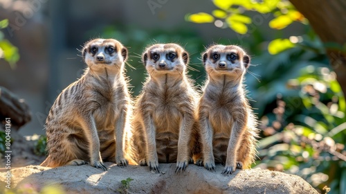  Three meerkats atop a rock overlooking a green, leafy landscape