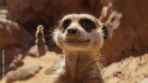  A meerkat's face, in tight focus, is positioned in front of a rocky backdrop A bird is perched in the background