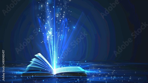 An e-learning concept in a digital futuristic style, featuring a beam of light emerging from an open book. Vector illustration set against a dark night background.