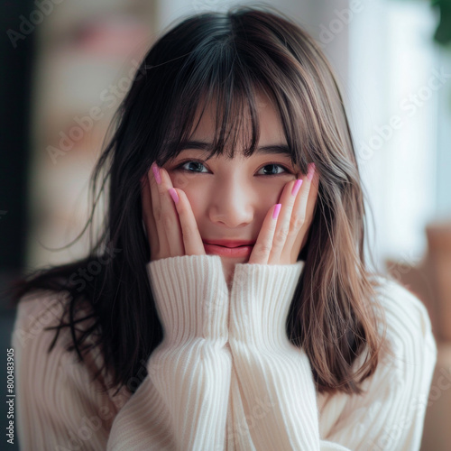 A photo of an Asian girl covering her mouth with both hands, covering half the face and smiling slightly at camera, wearing white long sleeves, hair bangs, medium length brown straight hair