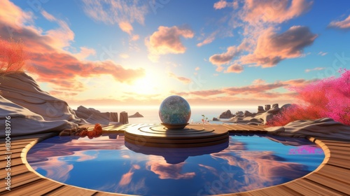 Surreal landscape with a large sphere in the center and a body of water in front of it. The sky is a bright orange and the sun is setting.