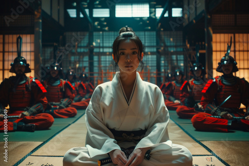 A young Japanese woman in white and black robes sits on the floor, facing forward with her hands folded together at chest level.