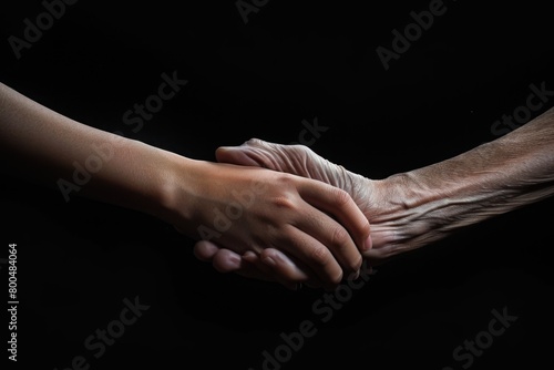 Two hands clasping together, one of which is old and wrinkled. Concept of warmth and connection between the two people