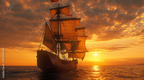 A majestic tall ship sails on a golden ocean beneath a vibrant sunset sky, reflecting the day's last light
