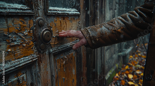 extreme close up shot of the hand knocking on the door of the victorian house in the middle of nowhere