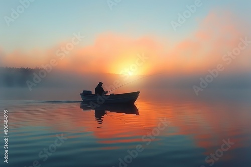 Serene summer fishing trip at dawn, angler in a small boat on a mist-covered lake, calm water reflecting the soft colors of the sunrise, peaceful solitude
