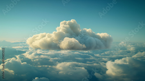 A stunning image capturing a singular large cumulus cloud prominently rising above a bed of smaller clouds against a serene sky