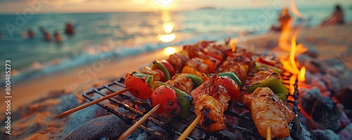 Summer beach barbecue, group of friends grilling seafood and vegetables, casual and fun, sandy beach setting, sunset creating a warm glow, perfect summer evening