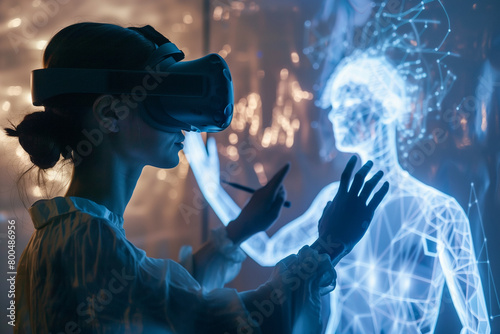 Virtual reality partnership: A person wearing VR goggles interacting with a virtual AI companion projected in the air beside them.