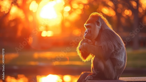  Monkey atop wooden bench by water; sun sets behind