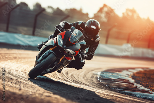 Motorcyclist racing on track during sunset