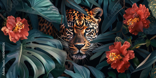 Leopard Looking Out From Lush Exotic Bush With Flowers