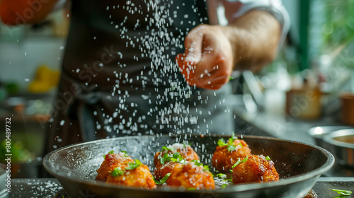chef seasoning a dish with a sprinkle of some salt. The dish is fried, with a golden-brown crust, and is garnished with fresh herbs